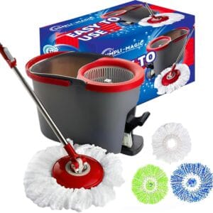 spin mop cleaning system with 3 microfiber mop heads red/black